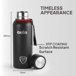 cello duro kent insulated stainless steel flask water bottle for daily use 750 ml, black| isi certified double wall vacuum insulated 24 hours hot & cold thermos water bottle for office, gym & travel