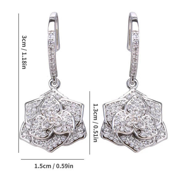 silver plated anti tarnish american diamond studded floral rose themed drop earrings