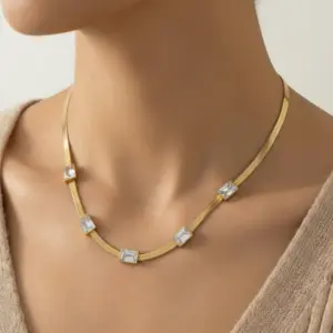 gold plated stainless steel anti tarnish snake chain white emerald studded necklace