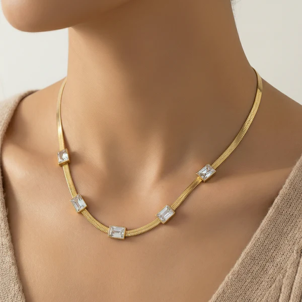 gold plated stainless steel anti tarnish snake chain white emerald studded necklace
