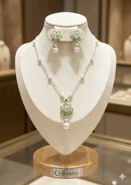 Enchanted Flora Mint Green & Pearl Drop Necklace Set