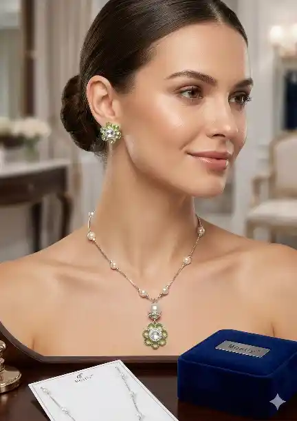 Enchanted Flora Mint Green & Pearl Drop Necklace Set savstore