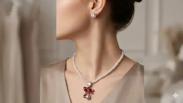 Pearl Strand Necklace Set with Ruby & Grey Pearl Pendant