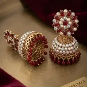 Heritage Deep Red & Crystal Floral Jhumka Earrings