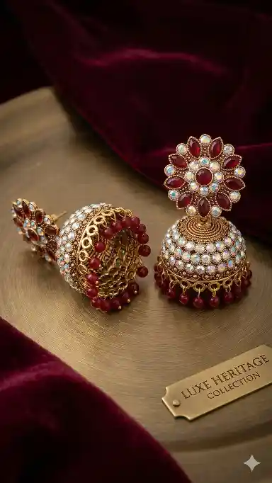 Heritage Deep Red & Crystal Floral Jhumka Earrings
