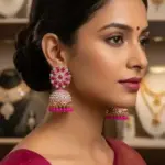 Exquisite Rani Pink Floral Crystal Jhumka Earrings