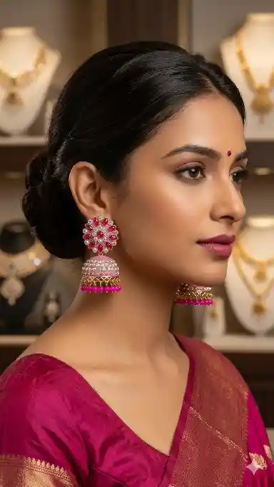 Exquisite Rani Pink Floral Crystal Jhumka Earrings