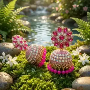Royal Magenta Stone & Crystal Statement Jhumkas