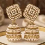 Elegant Pearl Woven Square Top Gold Jhumka Earrings