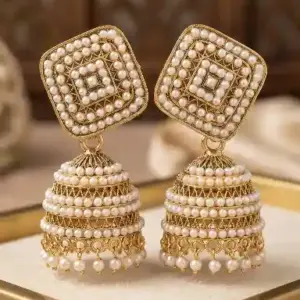 Elegant Pearl Woven Square Top Gold Jhumka Earrings
