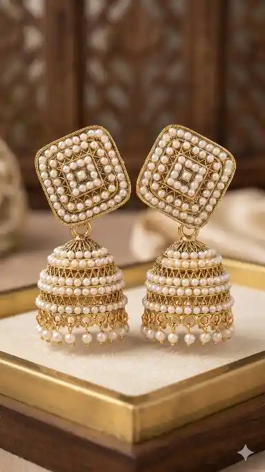 Elegant Pearl Woven Square Top Gold Jhumka Earrings