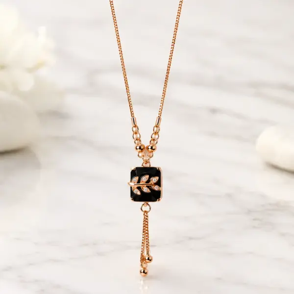 anti tarnish rose gold black square pendant with cz leaf