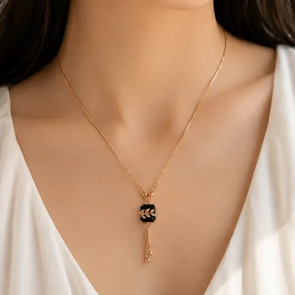 anti tarnish rose gold black square pendant with cz leaf