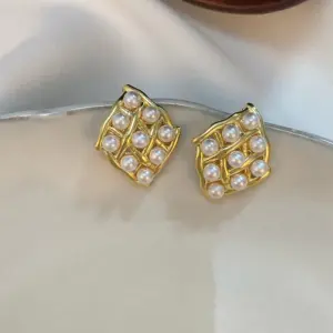 korean fashion organic molten gold pearl grid studs