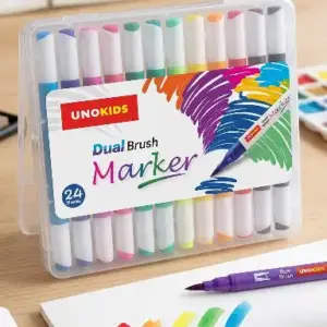 Unokids Dual Brush Marker Pens | 12/24 Vibrant Shades | Flexible Brush Tip & Fine Fineliner | Non-Toxic, Washable Ink | Ideal for Calligraphy, Journaling & Kids Art Projects