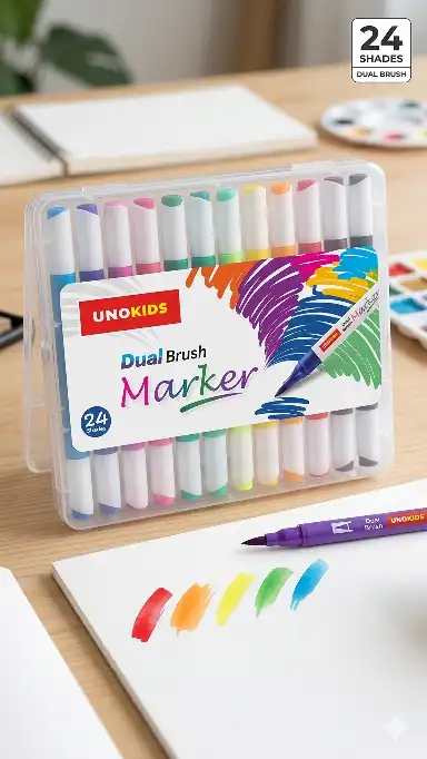 Unokids Dual Brush Marker Pens | 12/24 Vibrant Shades | Flexible Brush Tip & Fine Fineliner | Non-Toxic, Washable Ink | Ideal for Calligraphy, Journaling & Kids Art Projects